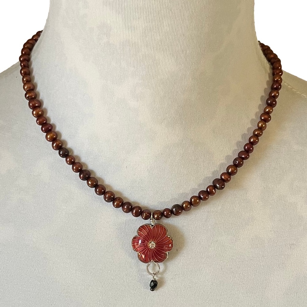 Bronze Pearl Necklace with Red Flower Pendant